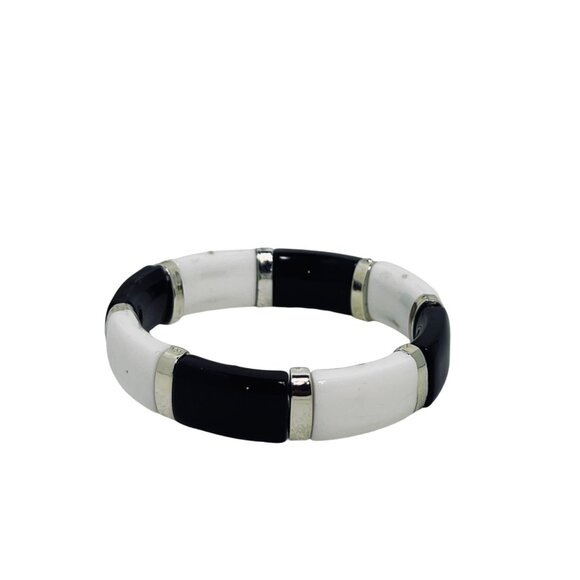 Black, White And Silver Tone Stretch Bracelet (5382) - Picture 4 of 4